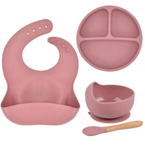 Eco Friendly Bpa Free Baby Dinnerware 4PCS Bib Plate And Suction Bowl Silicone Baby Feeding Set (Pink)